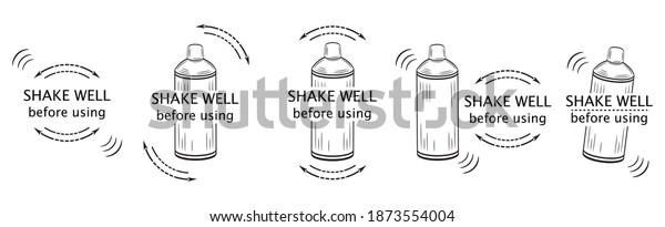Shake well before using icon set. Shaker bottle\
outline with arrows and text. Symbol for packaging of spray aerosol\
сan, drinks, medicines, cosmetics or household chemicals product.\
Vector on white