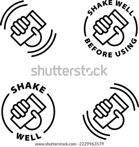 shake well before using icons, icon set. Isolated vector black outline stamp label rounded badge product tag on transparent background. Symbol.