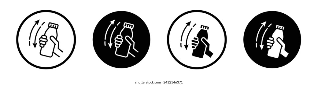 Shake well icon set. Shake bottle before drink vector symbol in a black filled and outlined style. Juice bottle shake with hand sign.