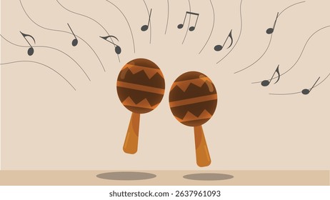 Shake up your designs with this vibrant vector illustration of two maracas emanating joyful music. Classic black notes and dynamic wavy lines burst forth from the colorful maracas