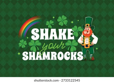 Schütteln Sie Ihre Shamrocks Heiligen Patrick's Day Feiertag Grußkarte mit Cartoon Kobold Charakter hält Shamrock auf grünem Hintergrund mit Kleeblättern und Regenbogen, festliche irische Feiertag Zitat
