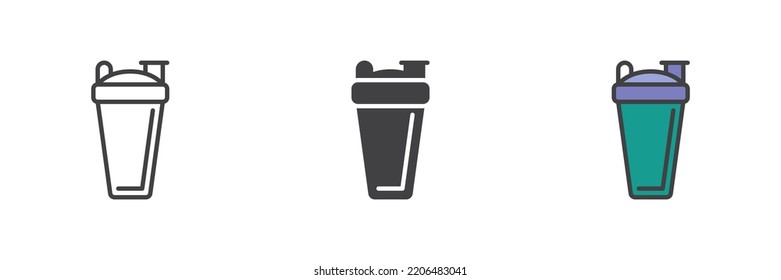 Shaker bottle different style icon set. Line, glyph and filled outline colorful version, sport water bottle outline and filled vector sign. Symbol, logo illustration. Vector graphics