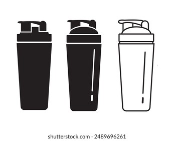 Shaker bottle icon set. Protein shake, smoothie. Vector for sports nutrition concept icon, Standing and shaking motion process blender cups.