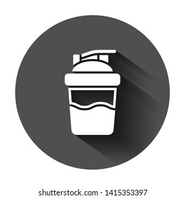 Shaker icon in flat style. Sport bottle vector illustration on black round background with long shadow. Fitness container business concept.