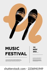 Shaker, Maraca, chac-chac. Music festival poster. Percussion musical instruments. Competition. A set of vector illustrations. Minimalistic design. Banner, flyer, cover, print.