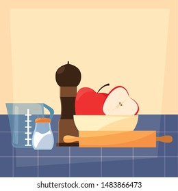 shaker pepper, apples and salt preparation cooking flat design