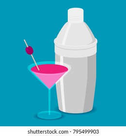 Shaker With Pink Coctail Illustration, Flat Design