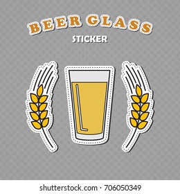 Shaker pint beer glass and two wheat spikes stickers, beer logo, vector illustration