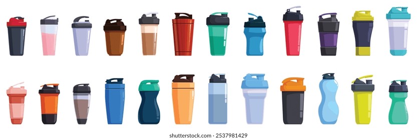 Conjunto de iconos de bebida de proteína Shaker. Conjunto de varias botellas de coctelera de proteínas de colores, ideal para gimnasio, fitness y estilo de vida saludable