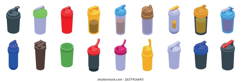 Shaker protein drink icons set. Diverse shaker bottles displayed in multiple colors and styles