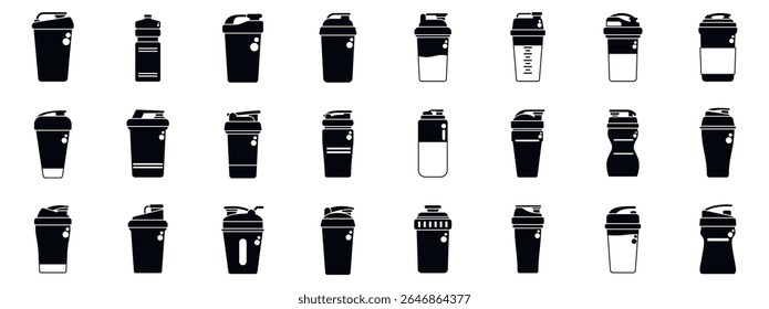  Shaker protein drink icons set. Collection of sport shaker bottle icons representing protein drinks for gym and fitness, perfect for promoting healthy lifestyles