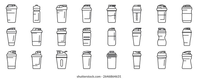  Shaker protein drink icons set. Line icons representing various shaker bottles used by athletes and fitness enthusiasts for mixing protein shakes and sports supplements