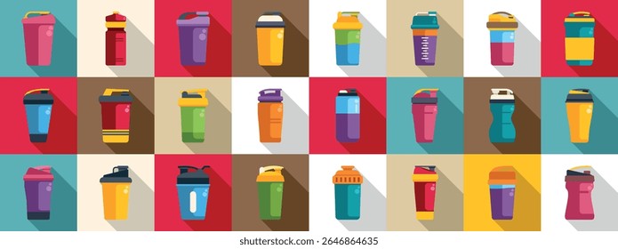  Shaker protein drink icons set. Flat vector illustration of colorful sport shaker bottles, ideal for gym, fitness, and sports nutrition projects