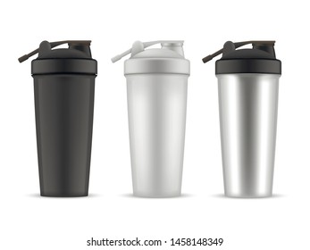 Shaker realistic style set, cup or container. Beverage sport bottle, water modern cup. Vector sport shaker illustration on white background