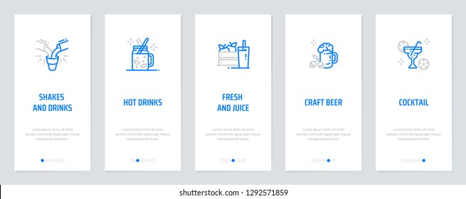 Shakes and drinks, Hot drinks, Fresh and Juice, Craft Beer, Cocktail Vertical Cards with strong metaphors. Template for website design.