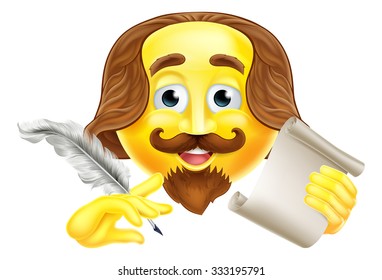 A Shakespeare emoji emoticon smiley face character holding a quill pen and scroll