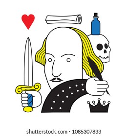 Shakespeare, Love And Death. Line Portrait Illustration Of An Medieval Writer.