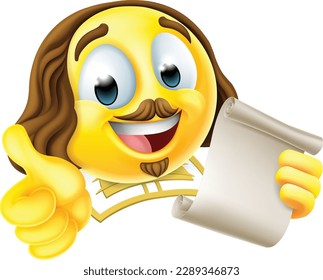 A Shakespeare poet writer emoticon cartoon face icon holding a paper scroll and giving a thumbs up