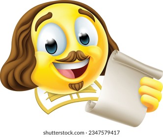 A Shakespeare poet writer emoticon cartoon face icon holding a paper scroll 
