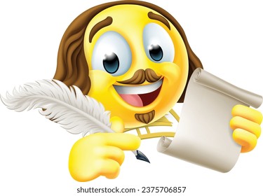 A Shakespeare poet writer emoticon cartoon face icon holding a paper scroll and a quill feather pen 