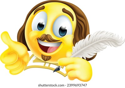 Un poeta de Shakespeare, escritor emoticono, icono de la cara con una pluma de plumas y con los pulgares hacia arriba