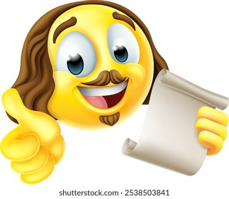 A Shakespeare poet writer emoticon cartoon face icon holding a paper scroll and giving a thumbs up