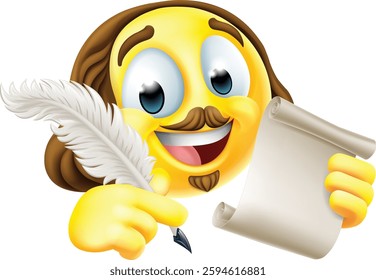 A Shakespeare poet writer emoticon emoji cartoon face icon holding a paper scroll and a quill feather pen 