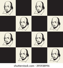 Shakespeare portrait seamless vector pattern. Literary, theatre background. Shakespeare portrait illustration with geometrical chessboard abstract background.