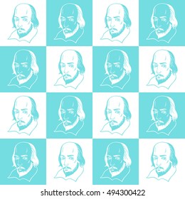 Shakespeare portrait seamless vector pattern  Literary  theatre background  Shakespeare portrait illustration and geometrical chessboard abstract background  