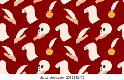 Shakespeare seamless pattern. Hamlet skull monologue, Roll of old paper and feather, ink bottle and inkwel. Classic theater and drama symbol. Theatre Day background. Flat Vector illustration