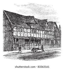 Shakespeare's Birthplace at Stratford-upon-Avon, vintage illustration. A view of the house that William Shakespeare was born in, Stratford-Upon-Avon, United Kingdom. Trousset encyclopedia 1886 - 1891