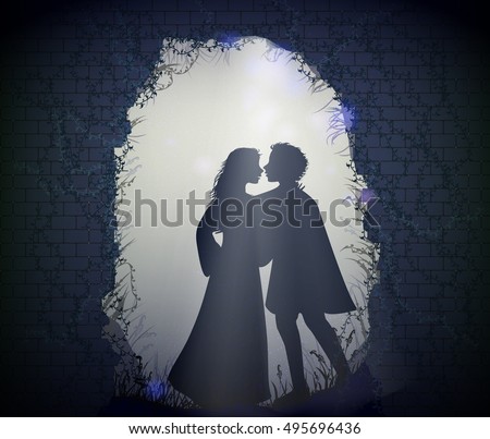 Shakespeare`s play Romeo and Juliet in the garden at the old brick wall way with plant, romantic date, theater decorations, silhouette, love story, vector