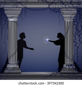 Shakespeare`s Play Romeo And Juliet At Night, Romantic Date, Silhouette, Love Story, Vector