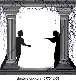 Shakespeare`s Play Romeo And Juliet, Romantic Date, Silhouette, Love Story, Vector