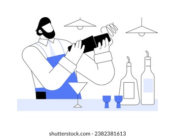 Ilustración vectorial de concepto abstracto de cóctel de agitación. Cóctel sacudido de camareros profesionales, preparación de mojito, sector de servicios, negocios de horeca, metáfora abstracta del personal del restaurante.