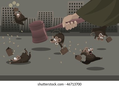 Shaking the corruptors. A judge hitting his hammer to shake the rats (corruptor)