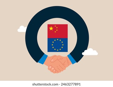 Shaking hand after business deal. Bilateral political relations and cooperation between European Union and China. Flat vector illustration