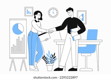 Shaking hand concept. Man and woman make deal. Metaphor of successful negotiations between investor and entrepreneur. Collaboration and cooperation. Cartoon flat vector illustration