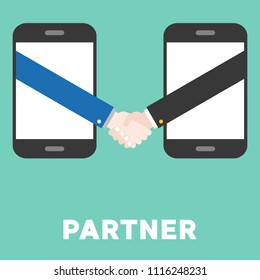 Shaking hand from smart phone, flat design e commerce partner concept