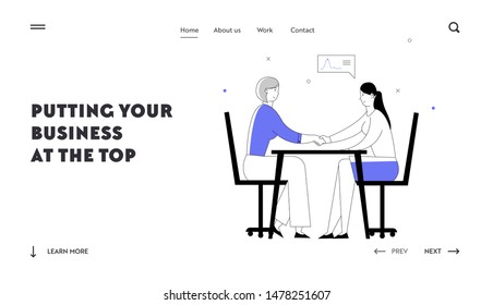 Shaking Hands Agreement Negotiation Website Landing Page. Business Partners Women Characters Handshaking Partnership Concept of Businesspeople Meeting Web Page Banner. Cartoon Flat Vector Illustration