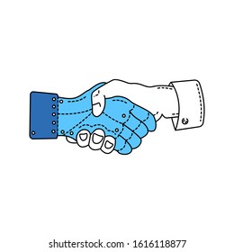 Shaking hands of artificial hand and real color line icon. Pictogram for web page, mobile app, promo. Human and robot. Editable stroke.