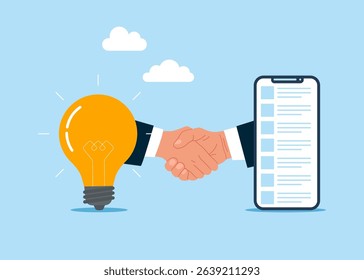 Shaking hands. Best mobile app. Customers satisfaction. Choice rating review app, customer reviews. Flat vector illustration
