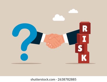 Shaking hands business people  with question mark and cubic with stack with the word RISK. Risk management, control or assess to lose money in investing. Vector illustration