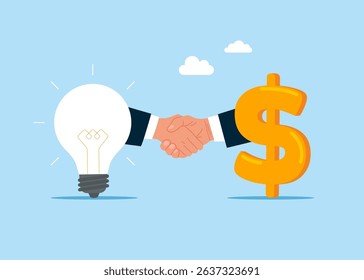Shaking hands business team with light bulb and dollar sign. Idea pitching, fundraising and venture capital, selling business or merger agreement concept. Flat vector illustration