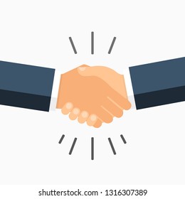 Shaking hands business vector illustration with abstract rays, symbol of success deal, happy partnership, greeting shake, casual handshaking agreement flat sign design isolated on green background
