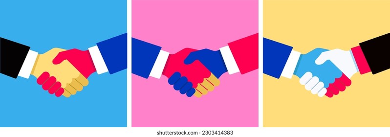 Shaking hands business vector illustration with abstract rays, symbol of success deal, happy partnership, greeting shake, casual handshaking agreement flat sign design isolated on colourful background