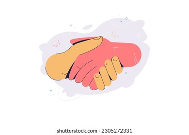 Shaking hands business vector illustration. Two hand holding each other. Help support and solidarity. Diverse nationality collaborate together for successful result. Team Business handshake. Deal.