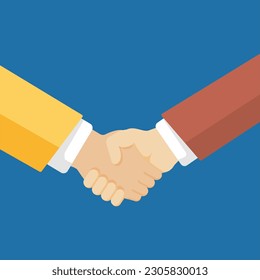 Shaking hands business vector illustration, successful deal symbol, partnership, greeting handshake, regular handshake agreement, designed in flat cartoon style isolated on blue background
