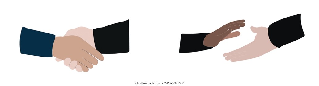 Shaking hands business vector illustration, symbol of success deal, happy partnership, greeting shake, casual handshaking agreement flat sign design isolated on white.  Hand gesture emoji. Sign
