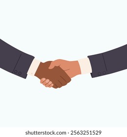 Shaking hands business vector illustration, symbol of success deal, happy partnership, greeting shake, casual handshaking agreement flat sign design isolated on white blank background